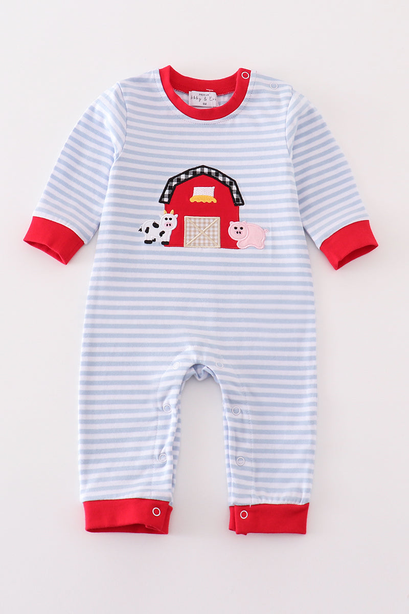 Premium red stripe farm applique boy romper