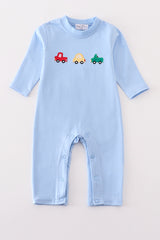 Premium blue vehicle applique boy romper