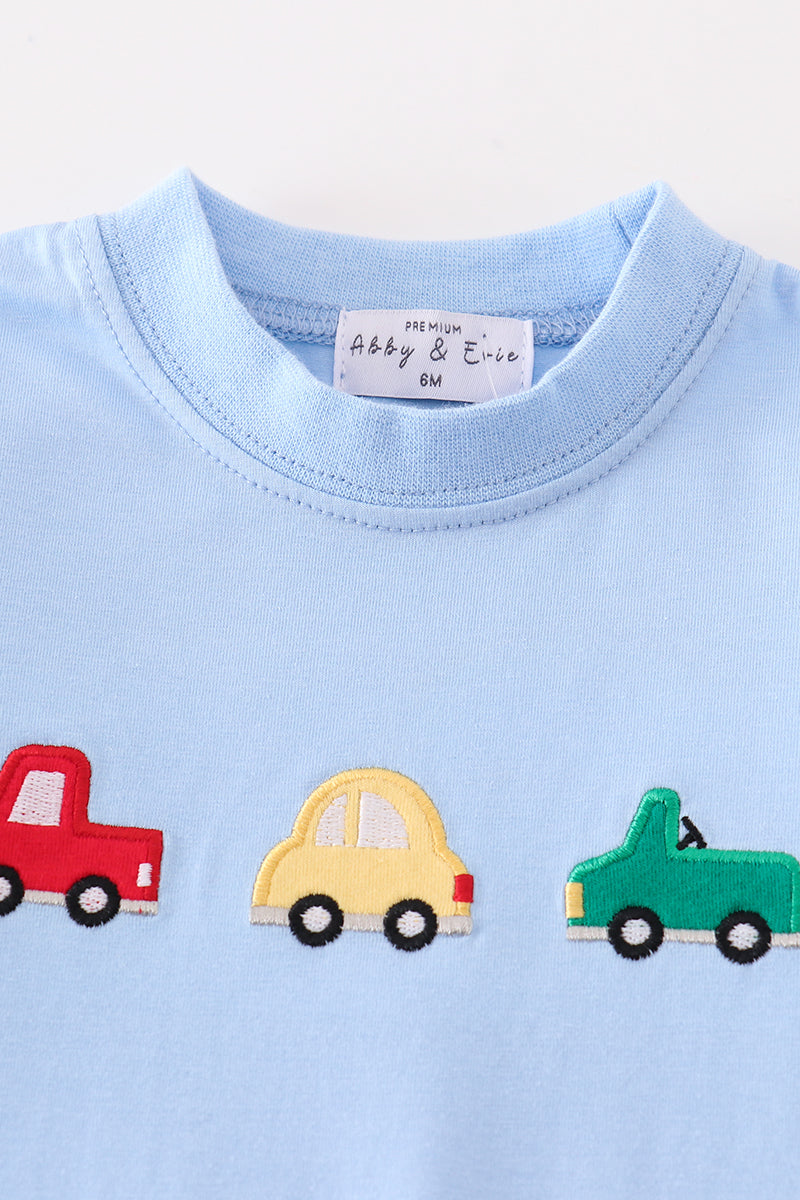 Premium blue vehicle applique boy romper