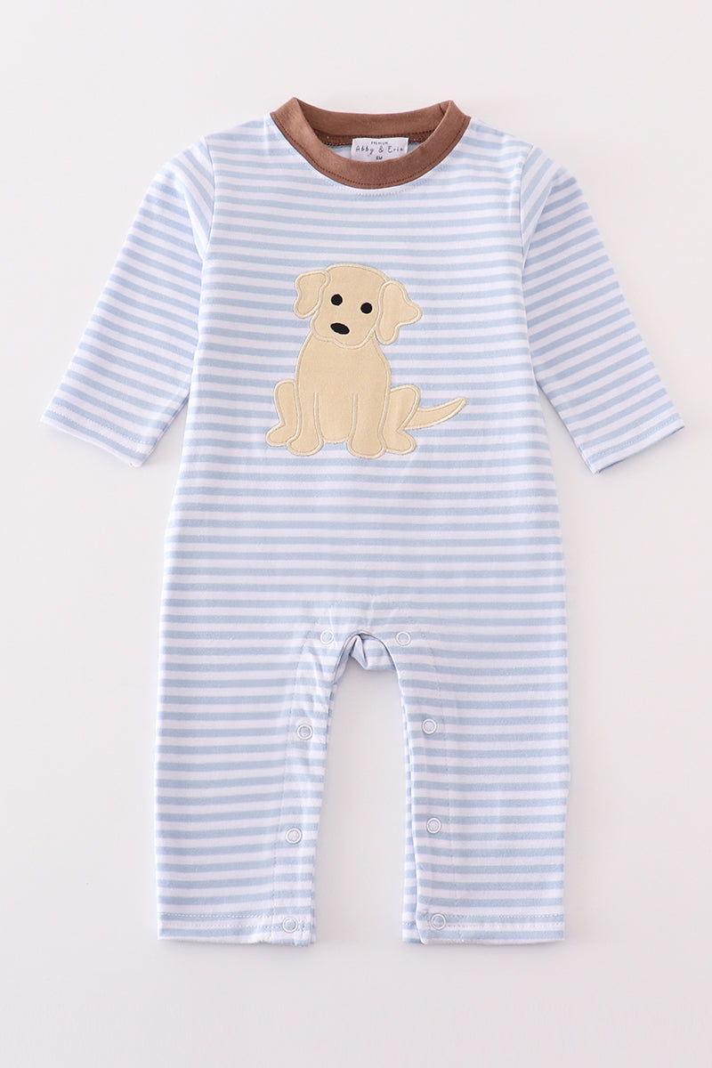 Premium blue stripe puppy applique boy romper