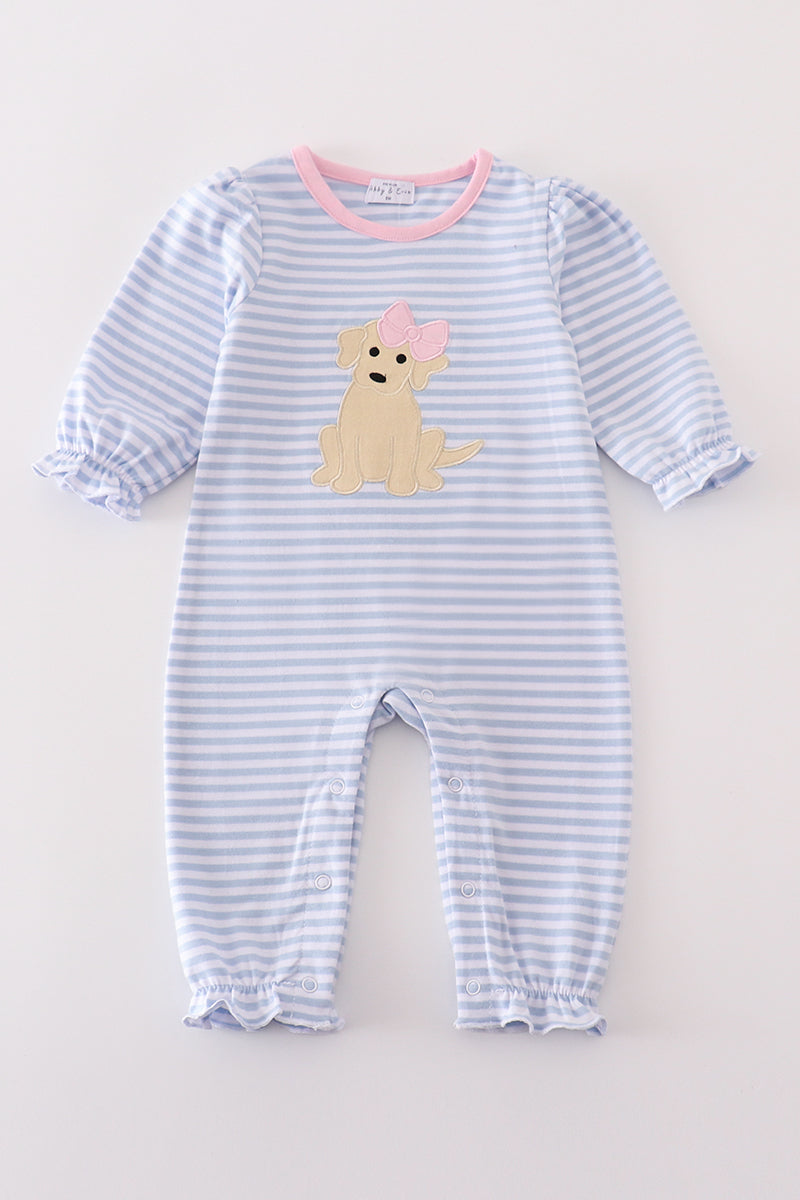 Premium blue stripe puppy applique girl romper