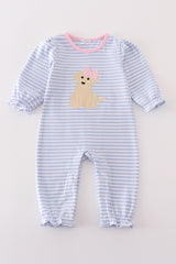 Premium blue stripe puppy applique girl romper