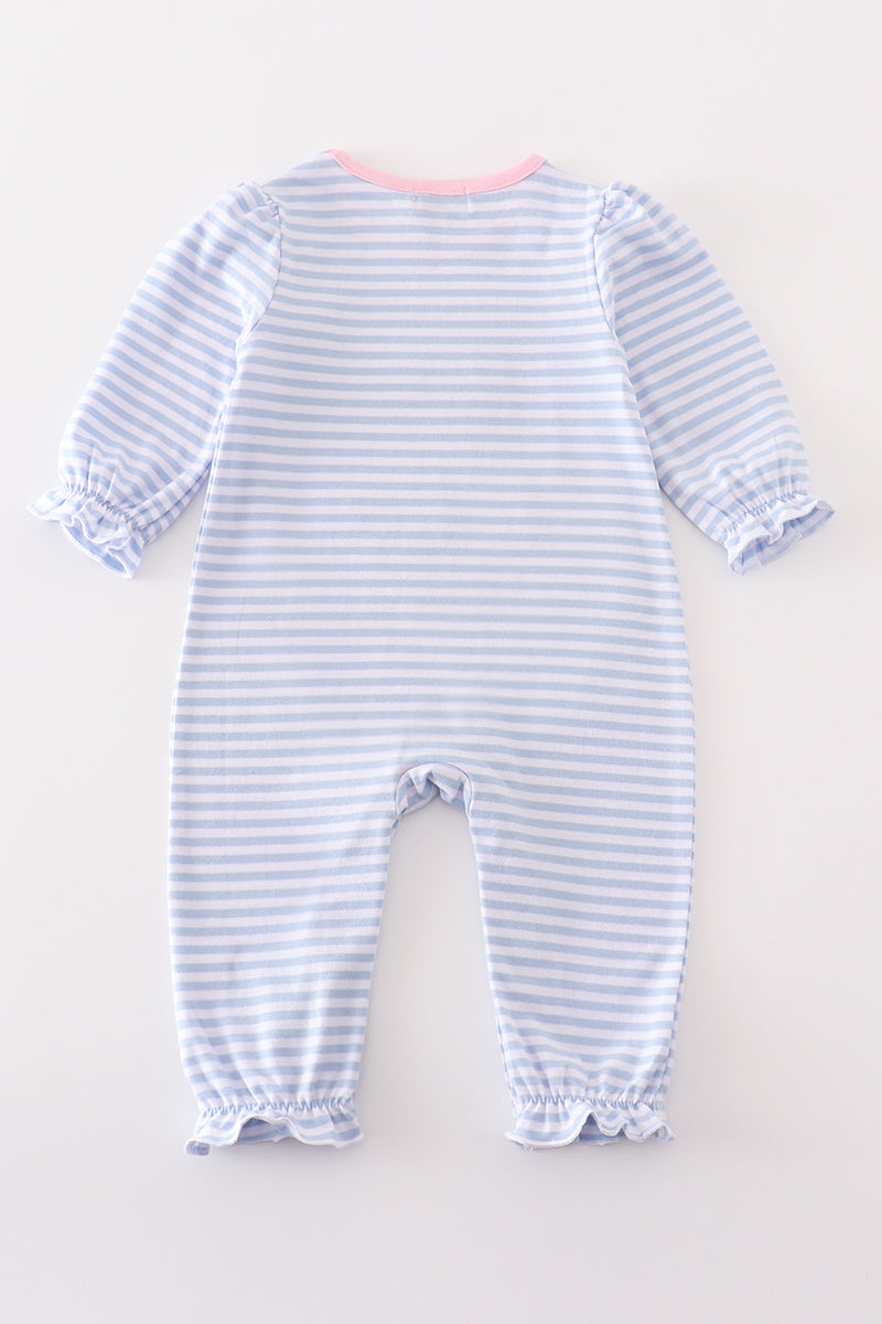 Premium blue stripe puppy applique girl romper