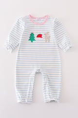 Premium blue stripe christmas tree applique girl romper