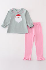 Premium green stripe christmas santa claus applique girl set