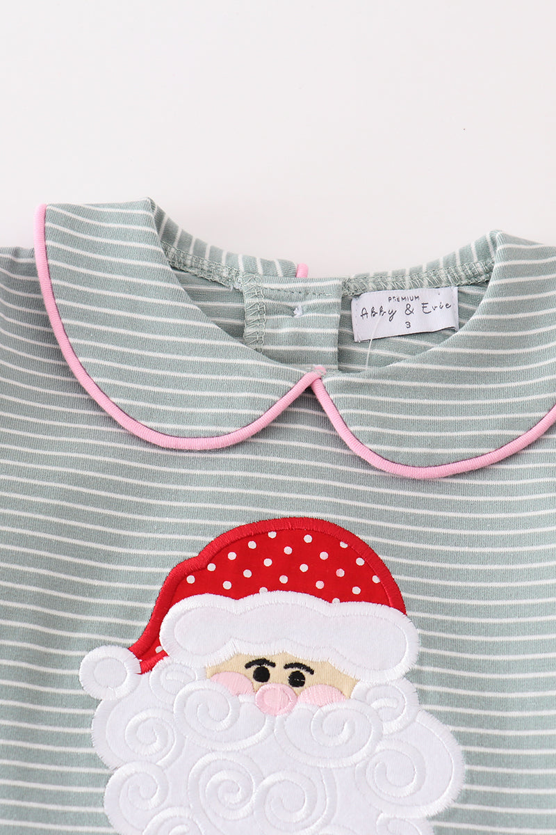 Premium green stripe christmas santa claus applique girl set