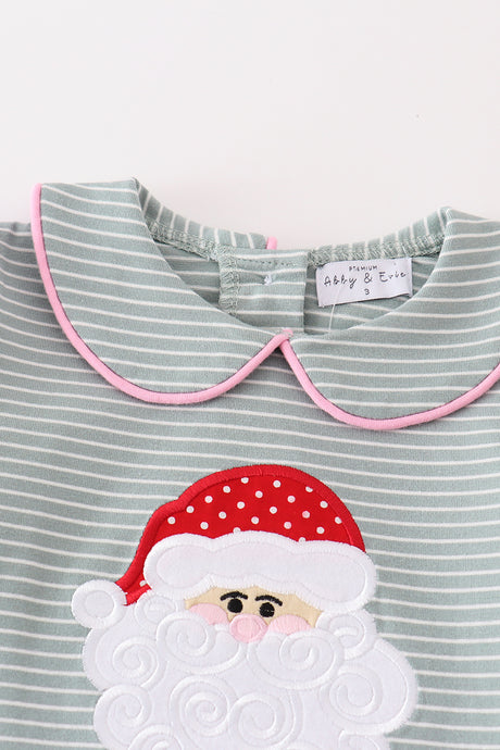 Premium green stripe christmas santa claus applique girl set