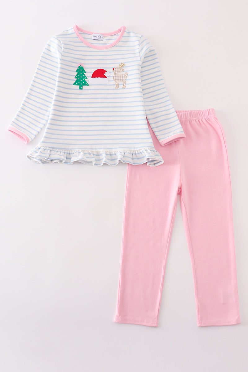 Premium pink stripe christmas reindeer applique girl set