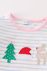 Premium pink stripe christmas reindeer applique girl set