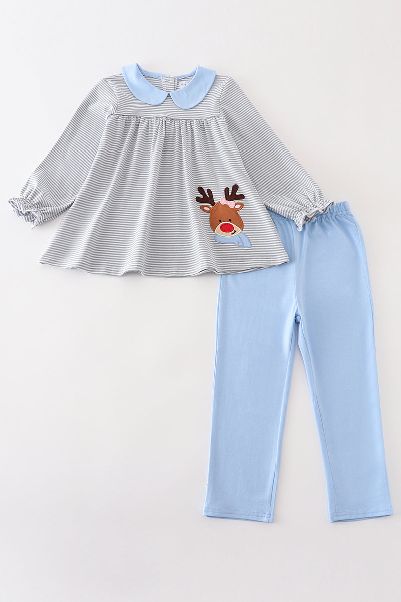 Premium grey stripe reindeer applique girl set