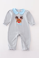 Premium grey stripe reindeer applique girl romper