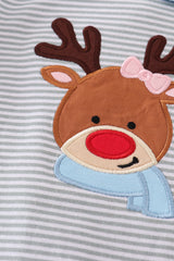 Premium grey stripe reindeer applique girl romper