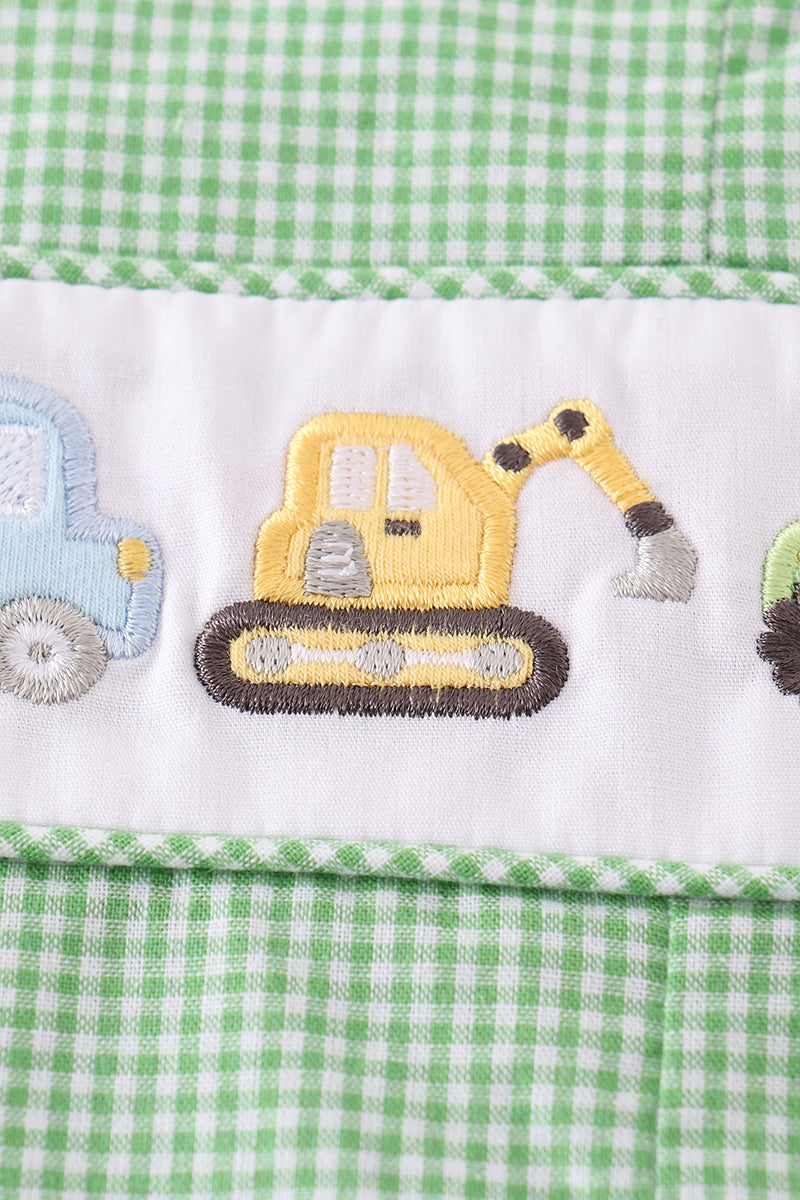 Premium Green excavator embroidery boy gingham jonjon