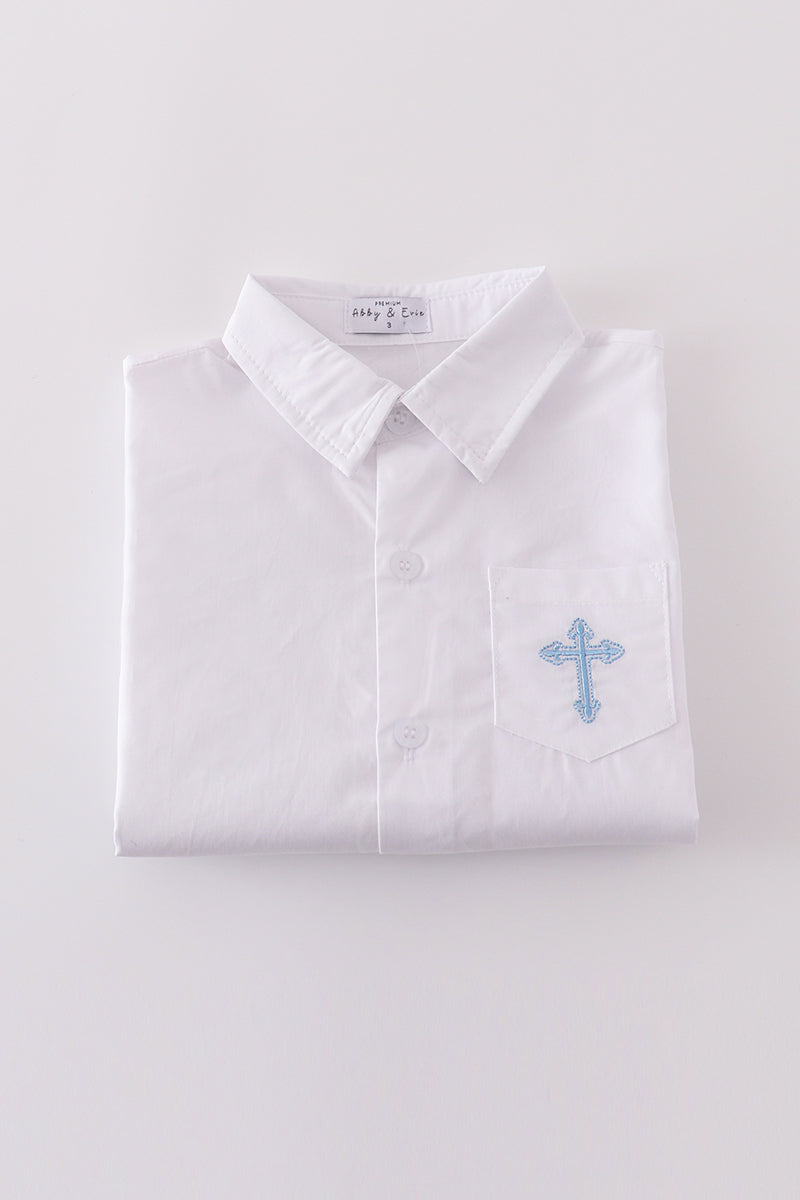 Premium cross embroidery button down long sleeve shirt