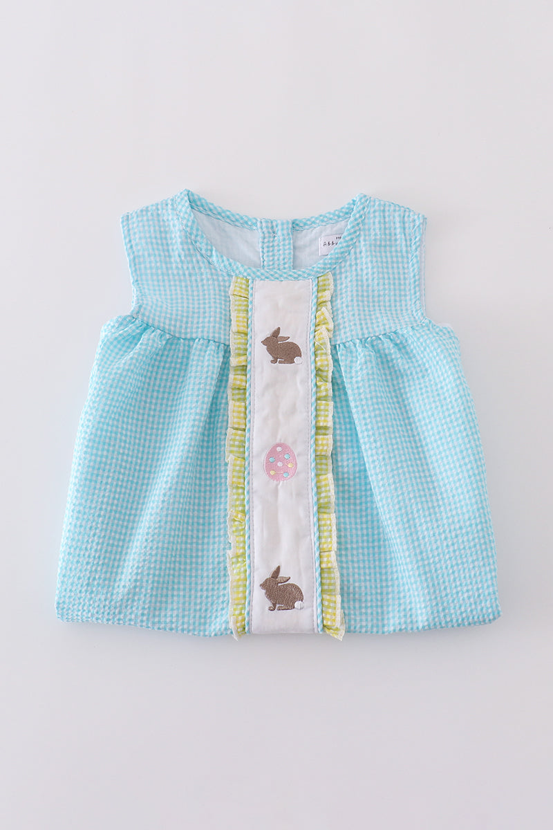 Premium mint bunny egg embroidery gingham dress