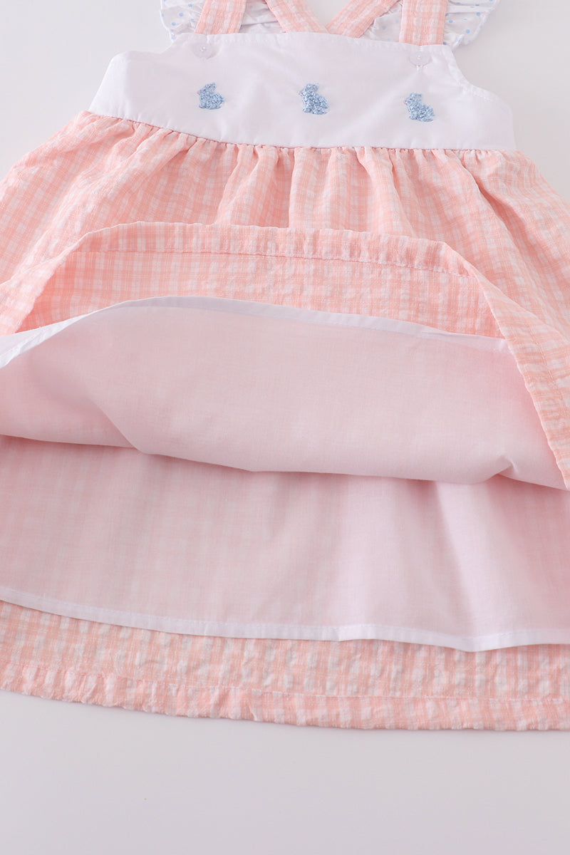 Premium Pink bunny embroidery gingham dress