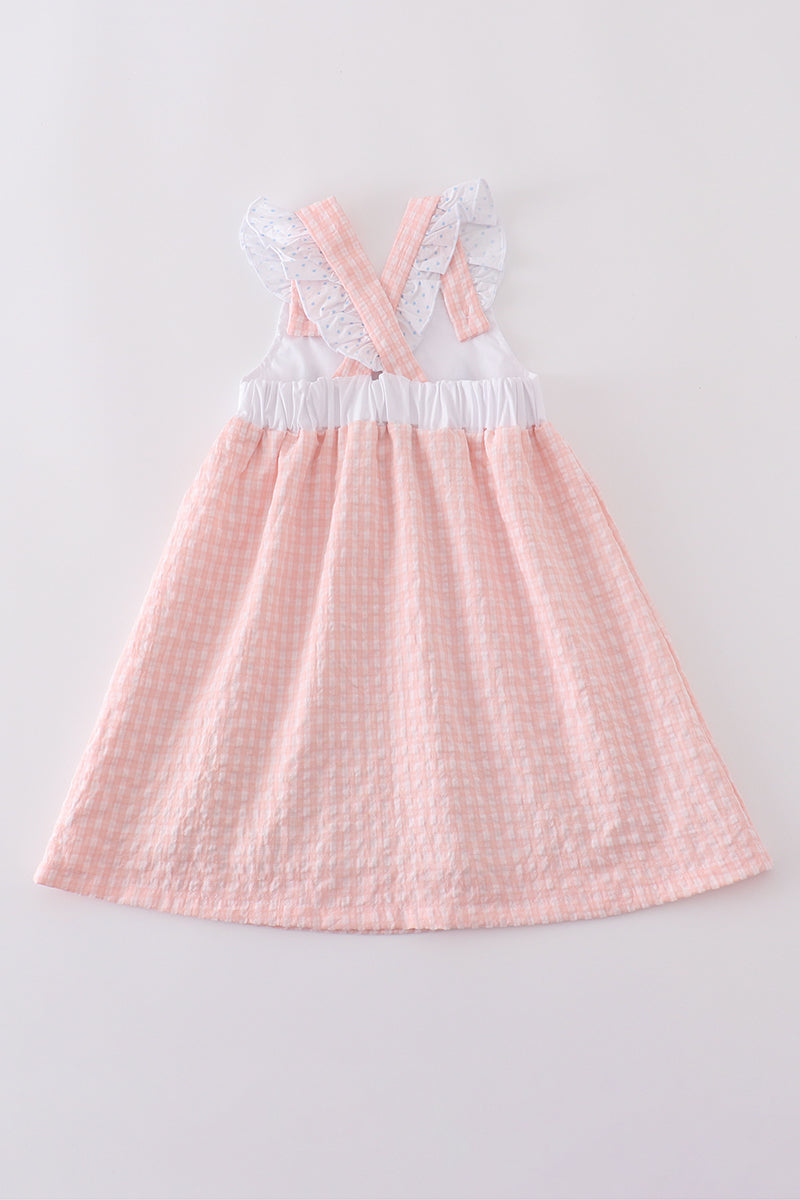 Premium Pink bunny embroidery gingham dress