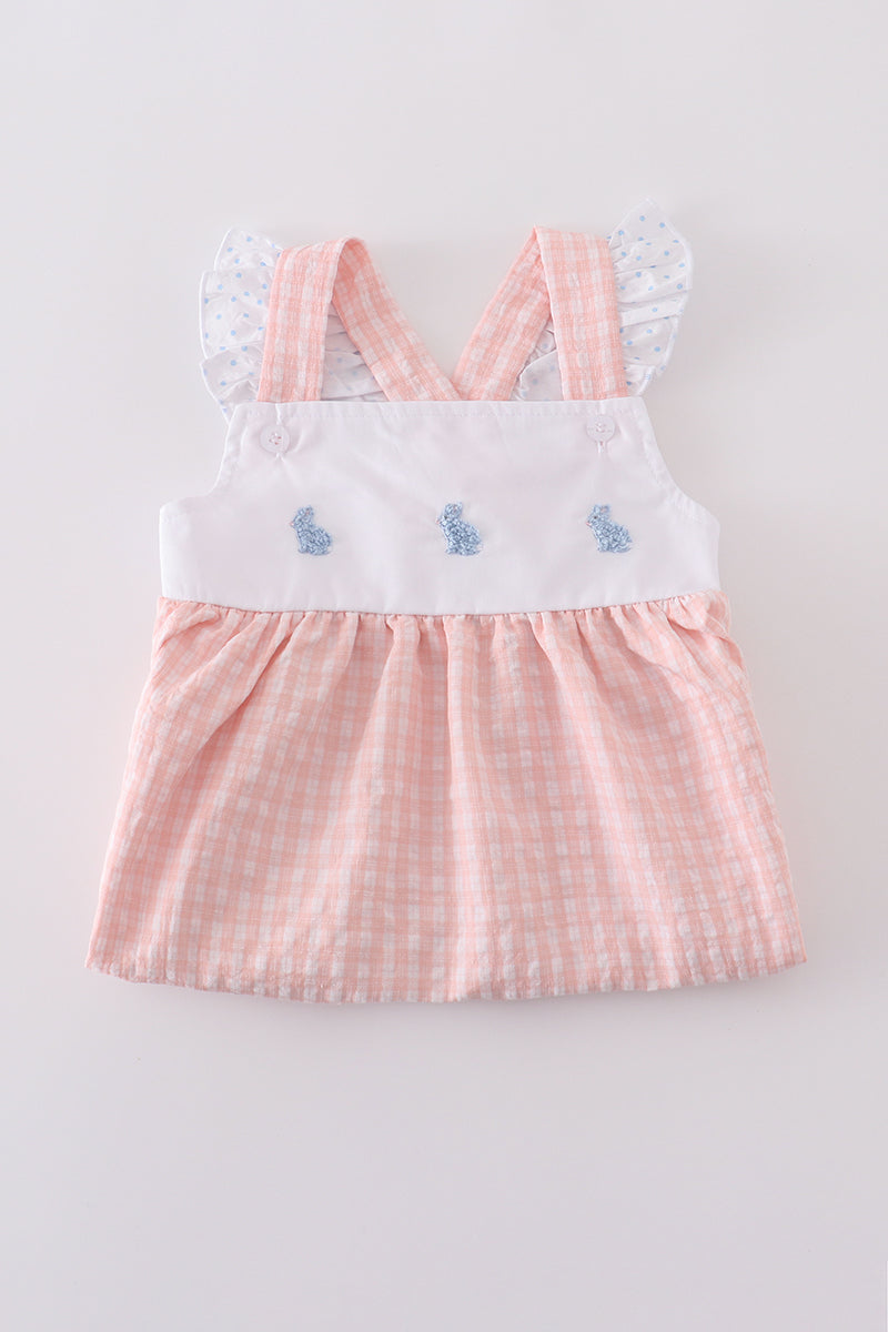 Premium Pink bunny embroidery gingham dress