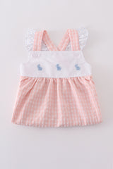 Premium Pink bunny embroidery gingham dress