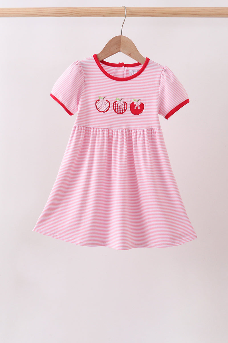 Pink apple embroidery stripe dress