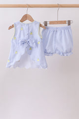 Blue stripe seersucker lemon embroidery scalloped bloomer set