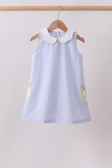 Blue stripe seersucker lemon applique dress