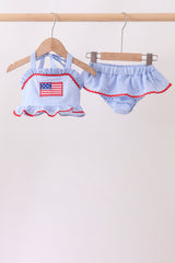 Blue flag applique gingham ruffle 2pc swimsuit