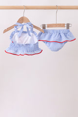 Blue flag applique gingham ruffle 2pc swimsuit
