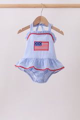 Blue flag applique gingham ruffle one-piece swimsuit