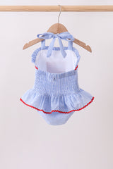 Blue flag applique gingham ruffle one-piece swimsuit