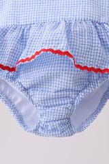 Blue flag applique gingham ruffle one-piece swimsuit