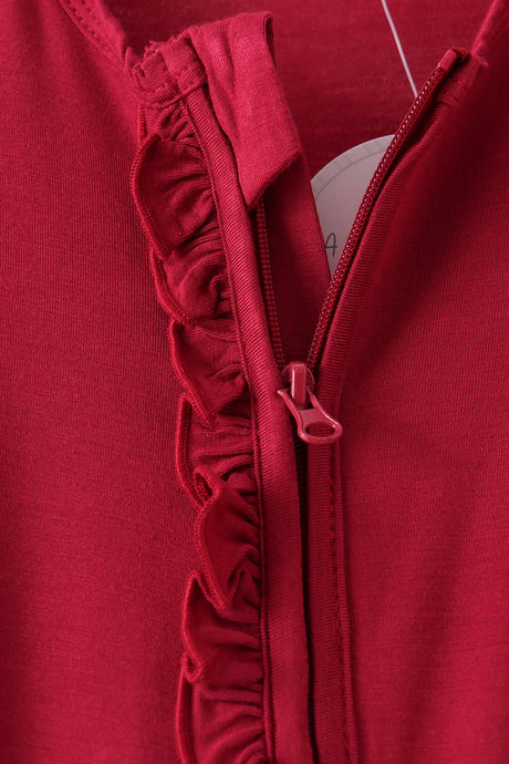 Burgundy ruffle zipper bamboo romper