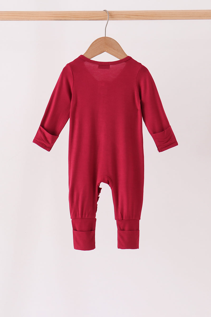 Burgundy ruffle zipper bamboo romper