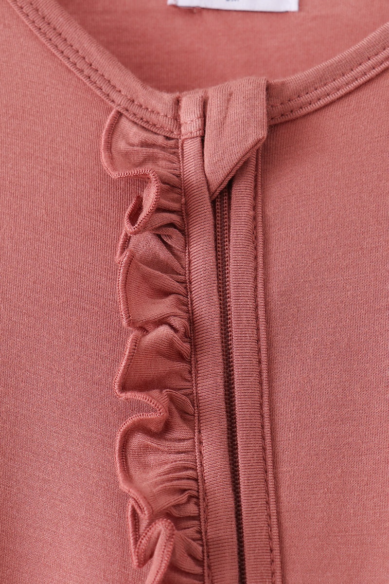 Dusty rose ruffle zipper bamboo romper