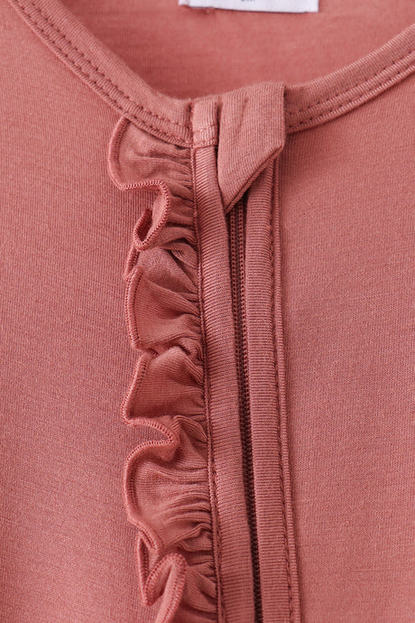 Dusty rose ruffle zipper bamboo romper
