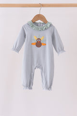 Sage turkey embroidery ruffle stripe romper