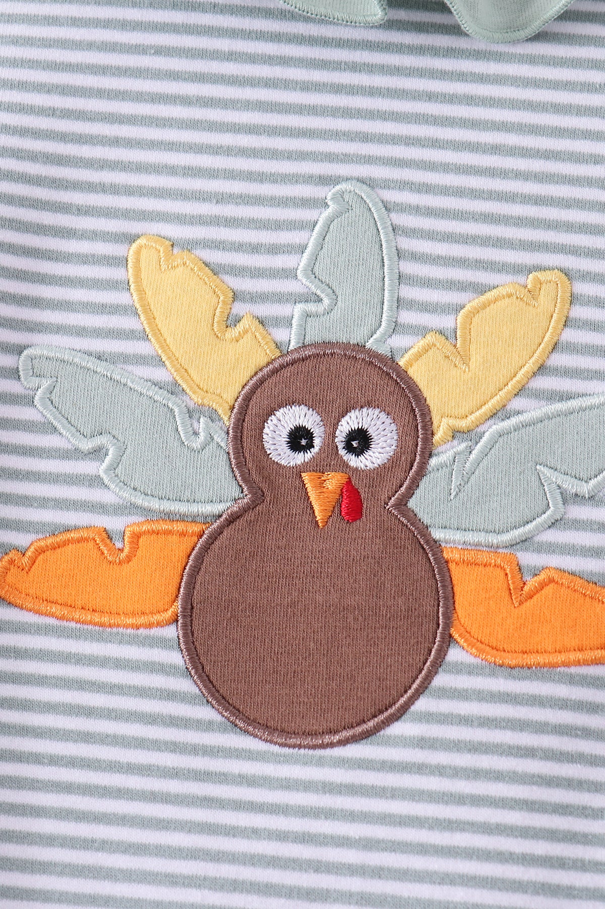 Sage turkey embroidery ruffle stripe romper
