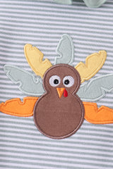 Sage turkey embroidery ruffle stripe romper