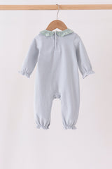 Sage turkey embroidery ruffle stripe romper