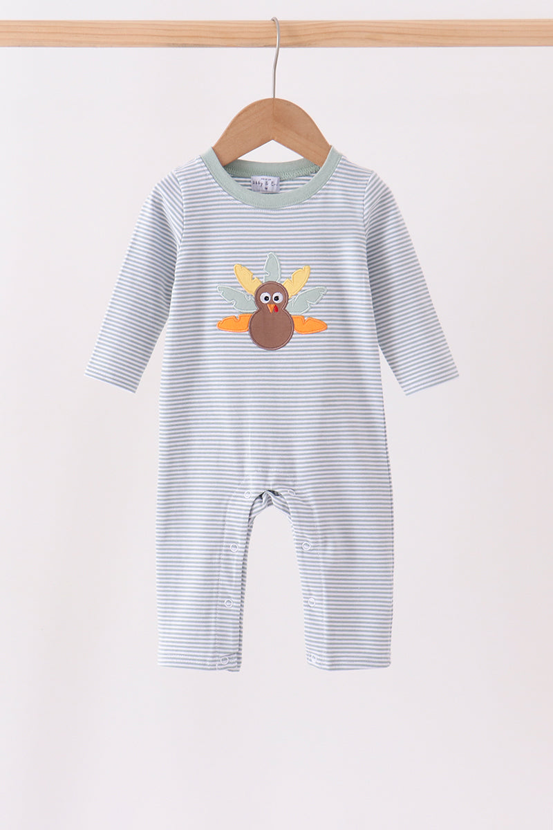 Sage turkey embroidery stripe romper