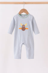 Sage turkey embroidery stripe romper