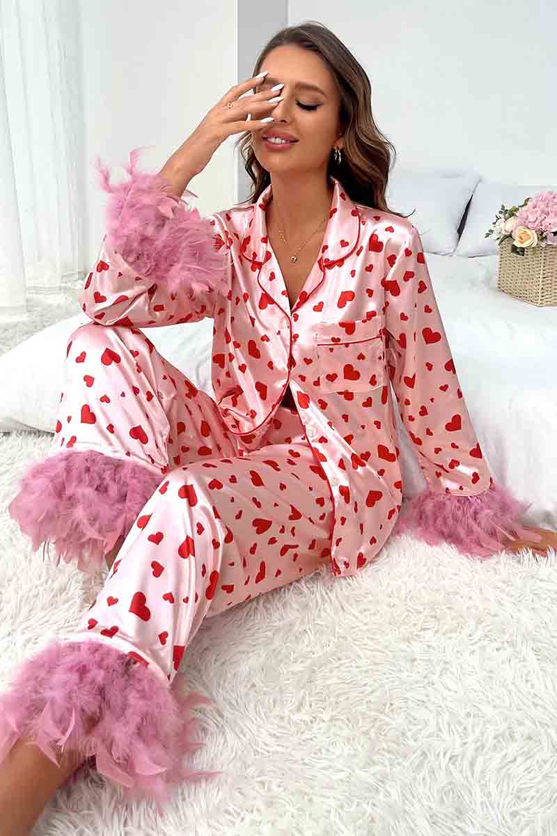 Honeydewusa for Women day – fur valentine\'s trim Pink pajamas heart print set