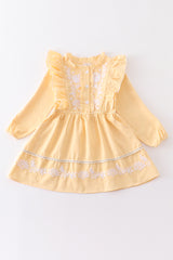 Yellow plaid floral embroidery ruffle dress