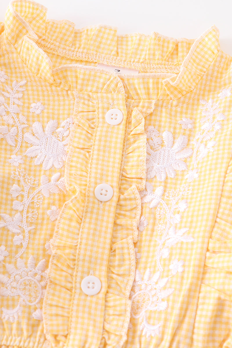 Yellow plaid floral embroidery ruffle dress