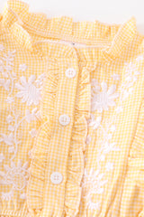 Yellow plaid floral embroidery ruffle dress