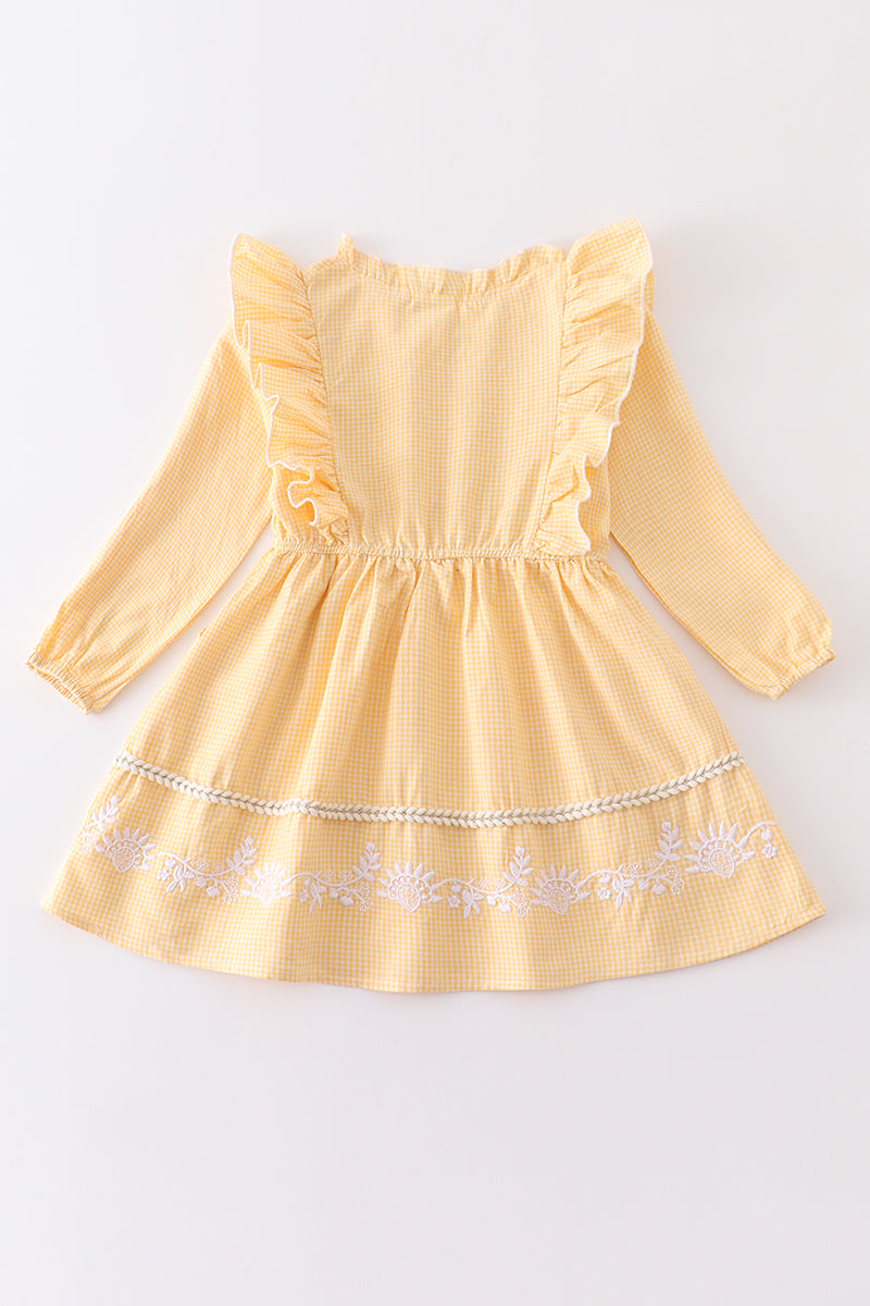 Yellow plaid floral embroidery ruffle dress