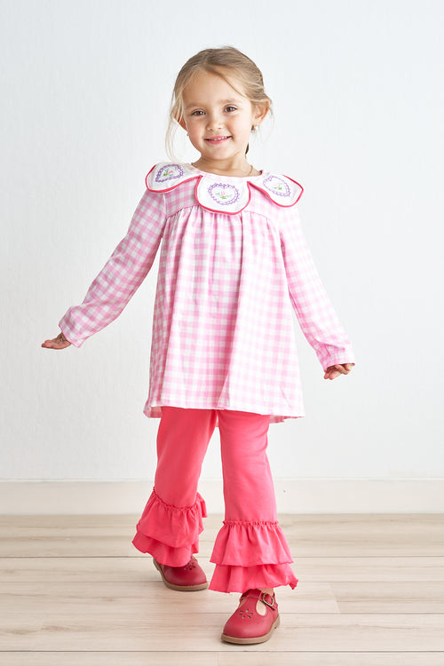 Pink valentine's day plaid embroidery girl set
