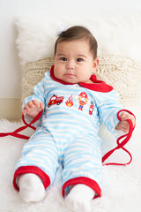 Blue stripe fire engine embroidery girl romper