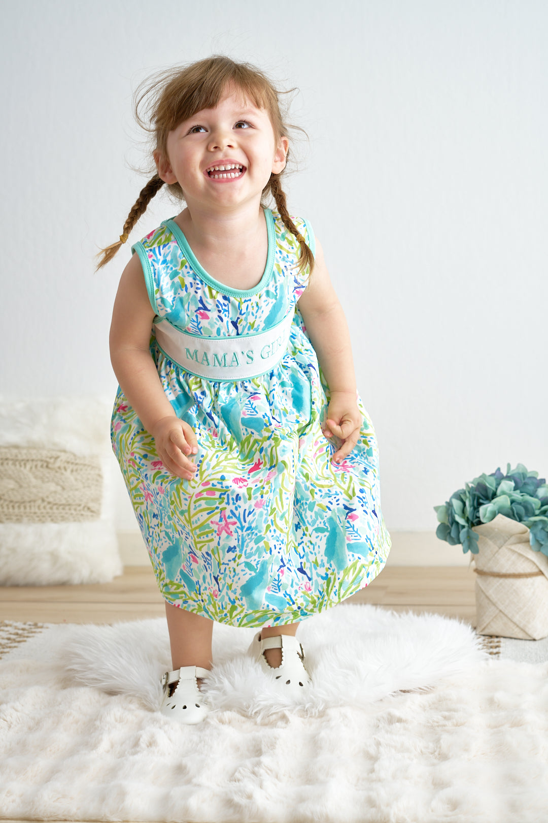 Green lily print mama's girl embroidery dress