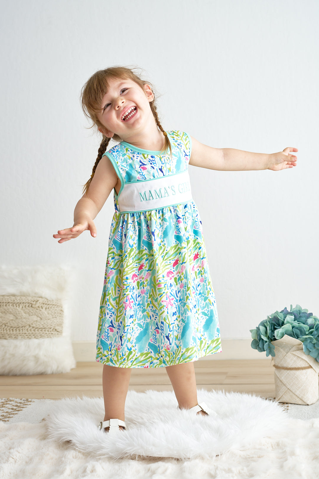 Green lily print mama's girl embroidery dress